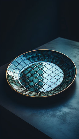 Empty ceramic plate on a black background. Copy space. Vintage style.の素材