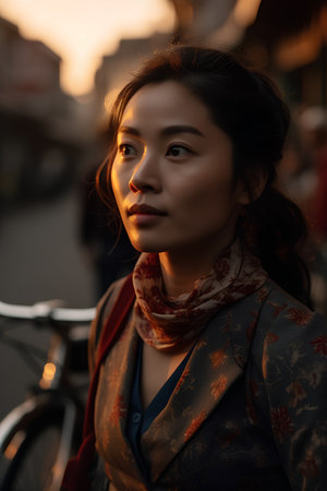 Portrait of a beautiful asian woman on the street at sunsetの素材