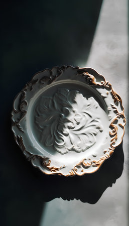 Vintage porcelain plate on a dark background. Copy space.の素材