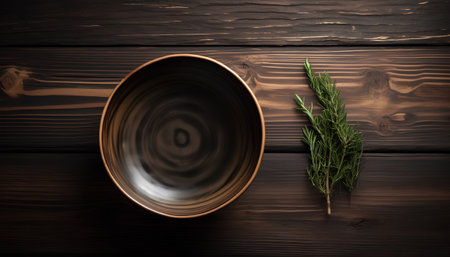 Plate and sprig of rosemary on a dark wooden backgroundの素材
