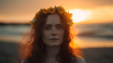 Portrait of a red-haired girl with a wreath of flowers on her head on the background of the setting sunの素材