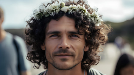 Portrait of a man with a wreath of flowers on his headの素材