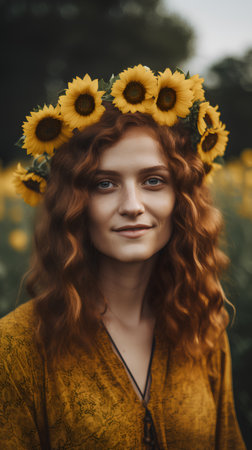 Portrait of a beautiful girl with red hair in a wreath of sunflowersの素材