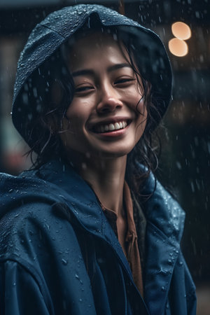 Portrait of a beautiful smiling asian woman wearing raincoat and hatの素材