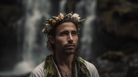 Portrait of a young man with a wreath on his head against a waterfall.の素材