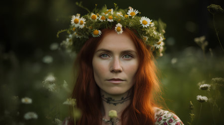 Portrait of a beautiful red-haired girl in a wreath of daisiesの素材
