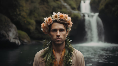 Handsome young man with flower wreath in front of waterfallの素材