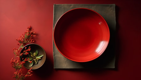 Red plate and plate on a red background. Top view, flat layの素材