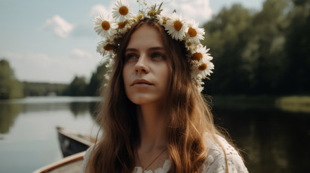 Portrait of a beautiful girl in a wreath of daisies on a boatの素材