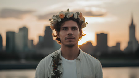 Portrait of a handsome young man with a wreath of flowers on his head in the city at sunsetの素材