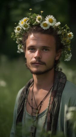Portrait of a young man with a wreath of daisies on his headの素材