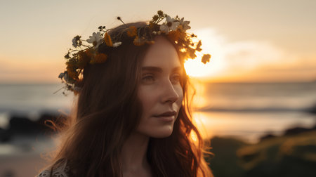 Portrait of a beautiful girl in a wreath of wildflowers on the background of the sea.の素材