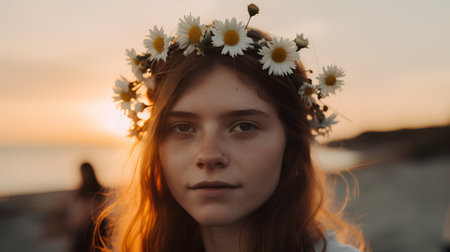 Portrait of a beautiful girl with daisies in her hairの素材