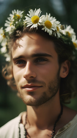 Portrait of handsome young man in wreath of daisiesの素材