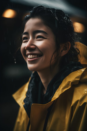 smiling young asian woman in raincoat looking at camera in rainy dayの素材