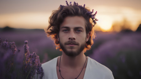 Portrait of young handsome man in lavender field on sunset.の素材