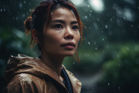 Portrait of a beautiful Asian woman with rain in the forest.の素材