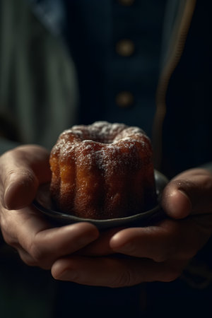 Closeup of a man holding a freshly baked bundt cake.の素材