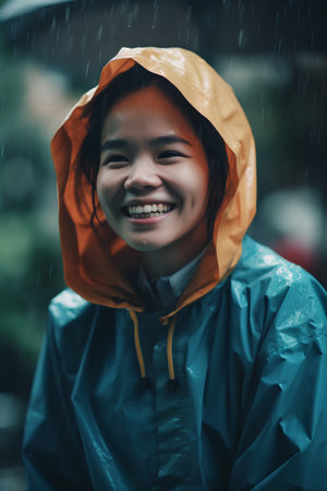 Happy Asian girl wearing raincoat and smiling in rainy day outdoor.の素材
