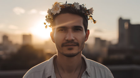 Portrait of a handsome young man with a flower crown on his headの素材