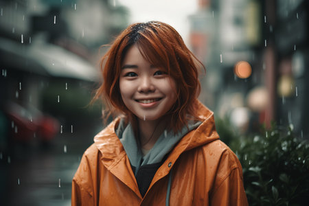 Portrait of a young asian woman wearing raincoat in the city.の素材