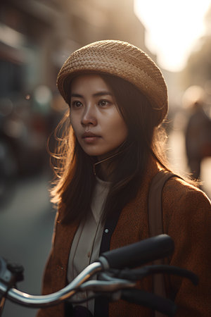 Portrait of young asian woman wearing hat and coat with bicycle on the street.の素材