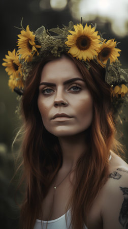 Portrait of a beautiful girl with sunflowers in her hairの素材