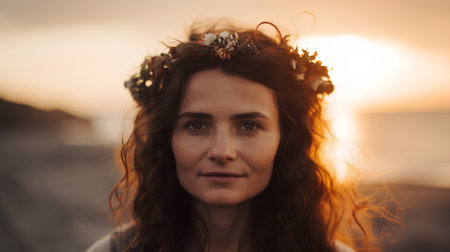 Portrait of a beautiful woman with wreath of flowers. Sunsetの素材