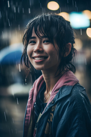 Portrait of a beautiful asian woman in the rain in the cityの素材