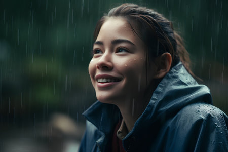Portrait of a beautiful young asian woman in the rain.の素材