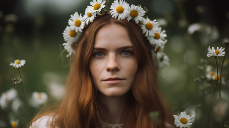 Portrait of a beautiful red-haired girl with a wreath of daisies on her head.の素材