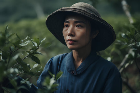 Portrait of beautiful Asian woman wearing hat and standing in tea plantation.の素材