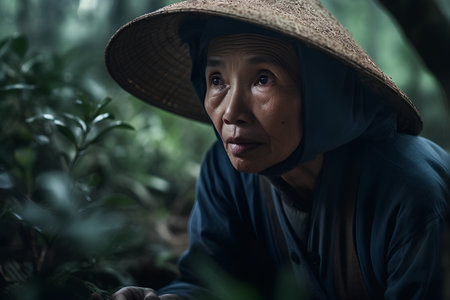 Asian old woman wearing a straw hat and looking at camera in the forest.の素材