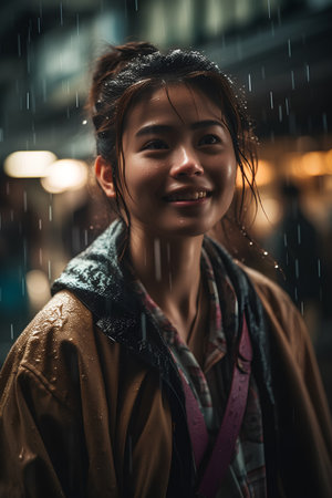 Portrait of beautiful asian woman wearing raincoat and looking at camera.の素材