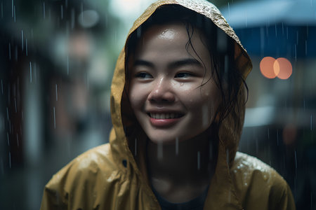 Portrait of smiling Asian woman in raincoat looking at camera.の素材
