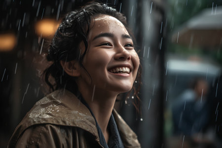 Beautiful young Asian woman smiling and looking away under the rain.の素材