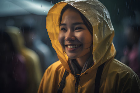 Portrait of a beautiful Asian woman in raincoat smiling and looking at cameraの素材