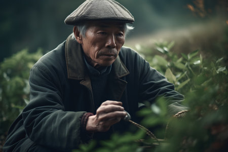 Portrait of an elderly man with a wicker basket in the tea plantationの素材