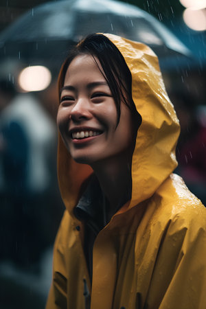 Asian woman wearing yellow raincoat and looking at camera in rainy day.の素材