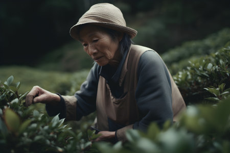 Asian senior woman picking tea leaves at the tea plantation in the morning.の素材
