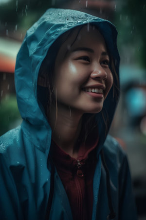 Beautiful asian woman wearing raincoat and smiling in the rainの素材