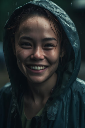Portrait of a beautiful young woman in raincoat smiling at cameraの素材