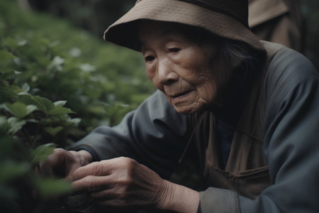 Elderly asian woman picking tea leaves in the tea plantationの素材