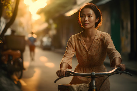 Beautiful asian woman riding a bicycle in the city at sunsetの素材