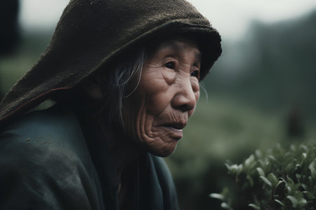 Portrait of an old woman with long grey hair in the tea garden.の素材