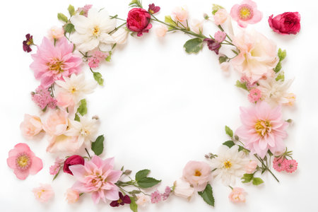 Flowers composition. Frame made of flowers on white background. Flat lay, top view, copy spaceの素材
