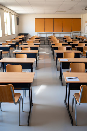 Interior of empty classroom with rows of desks and chairs. 3d renderingの素材