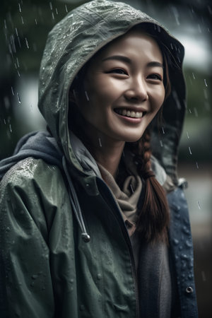 Portrait of a beautiful young asian woman smiling in the rainの素材
