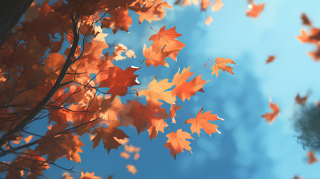 Autumn background with maple leaves and blue sky. Vector illustration.の素材