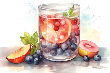 Watercolor illustration of a glass of sangria with fruits and berriesの素材